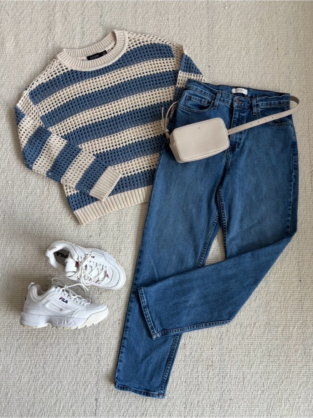 | Eclipse | Cream and Blue Striped Open-Knit Sweater size Small